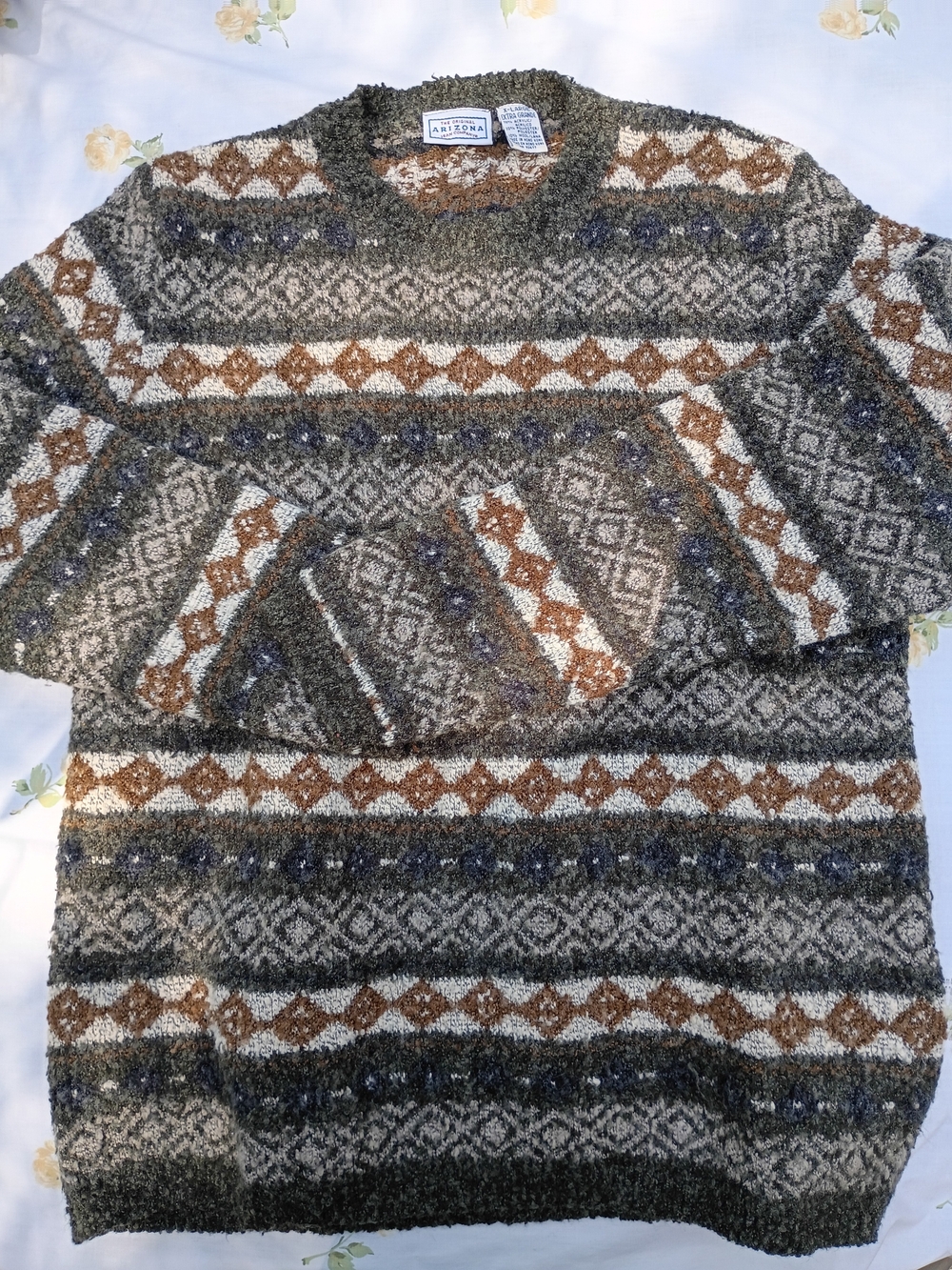 Arizona Jean Company Olive, Brown & Cream Patterned Crewneck Sweater